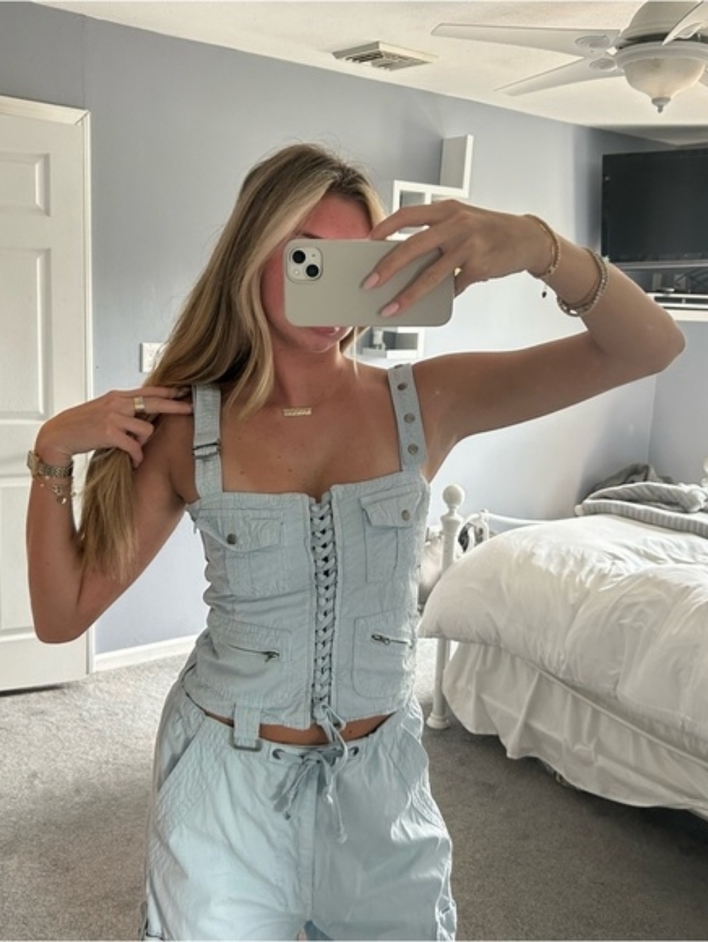 Jaded London ECRU Cargo Denim Light baby Blue Lace-Up Corset Top Adjustable